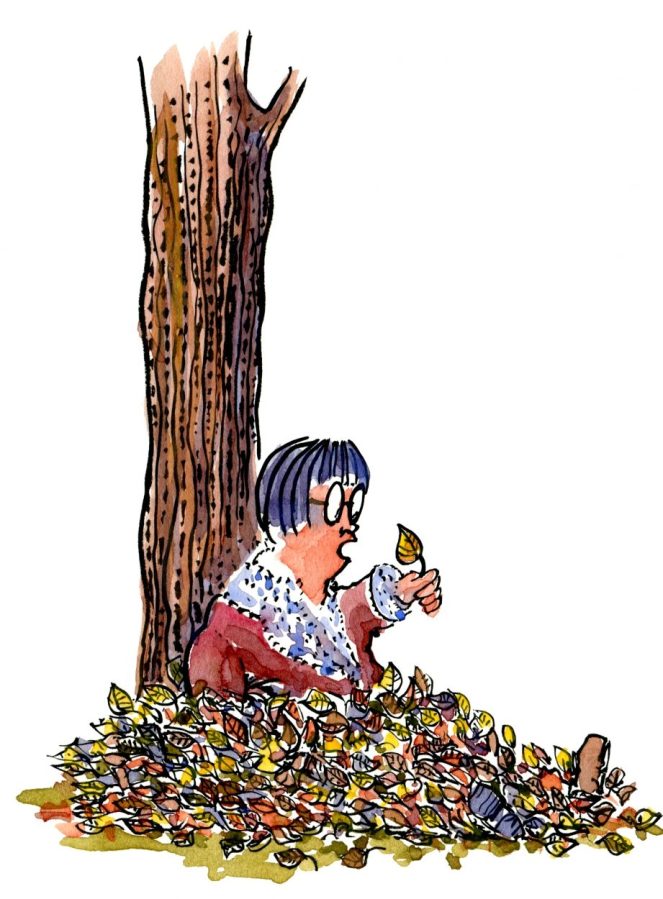 woman sitting in the leaves talking with them