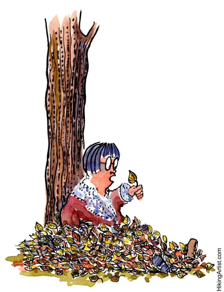 woman sitting in the leaves talking with them