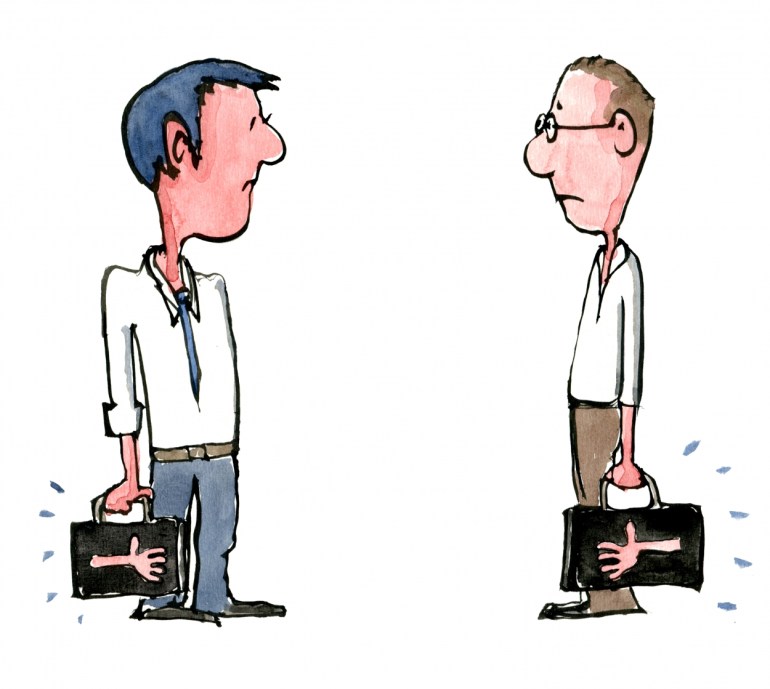 two men with hand bags