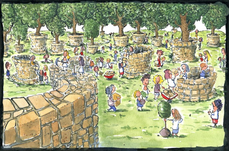 people building pots out of walls