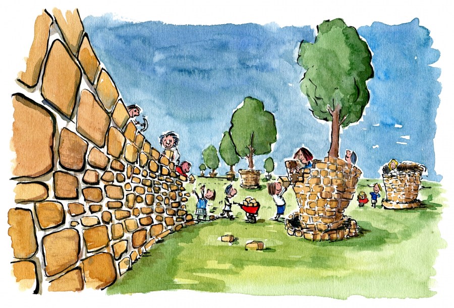 people building pots out of walls