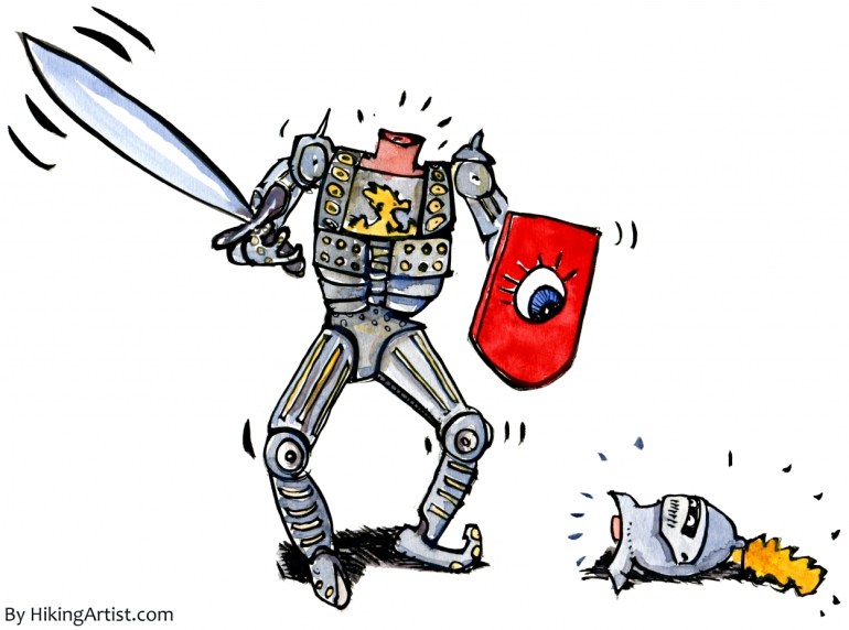 drawing of a guy with a double-edged sword and his head on the ground looking at him