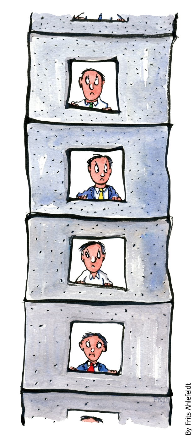 Men in small boxes on top of each other