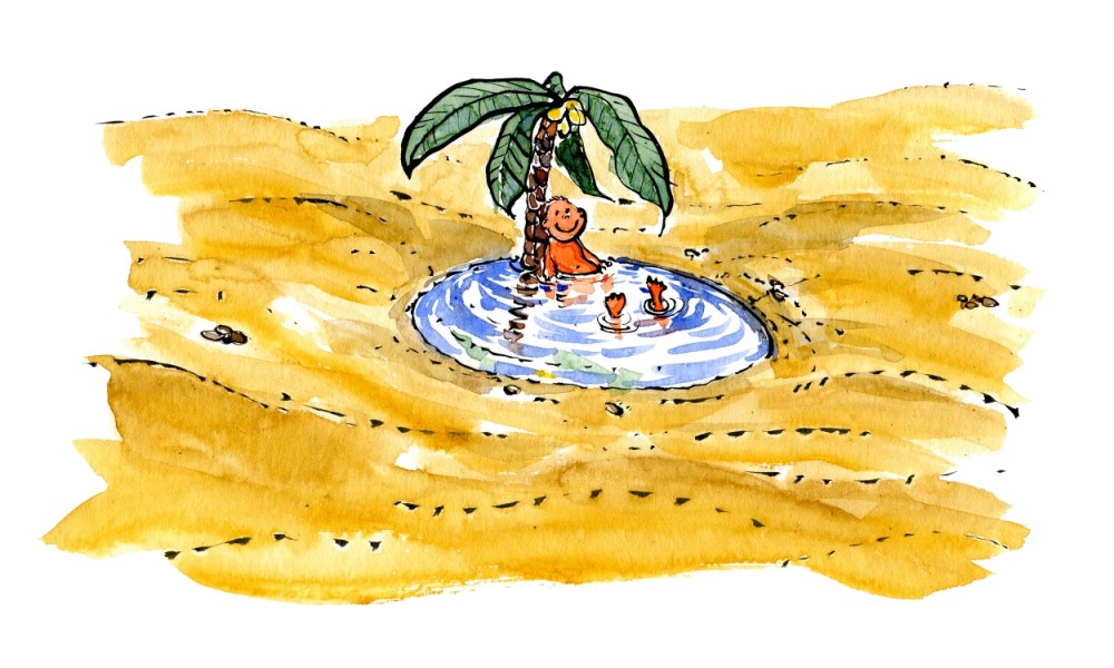drawing of an water pool in a desert