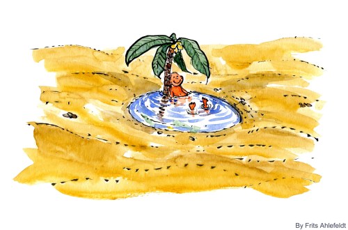 drawing of an water pool in a desert