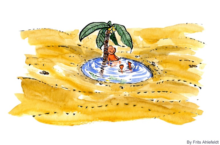 drawing of an water pool in a desert