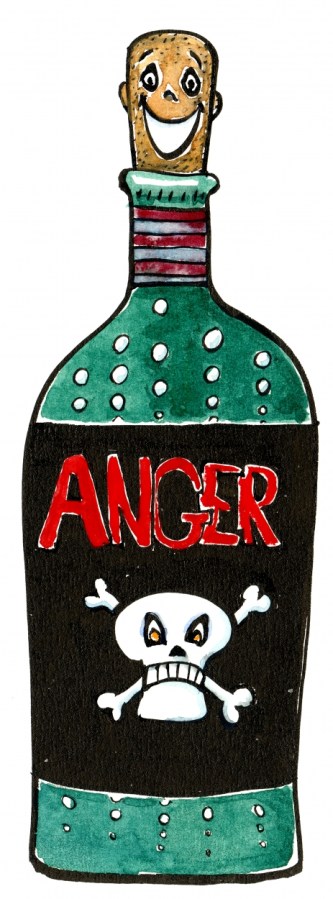 drawing of a man with a bottle as body and head smiling while it says anger on the bottle. Illustration
