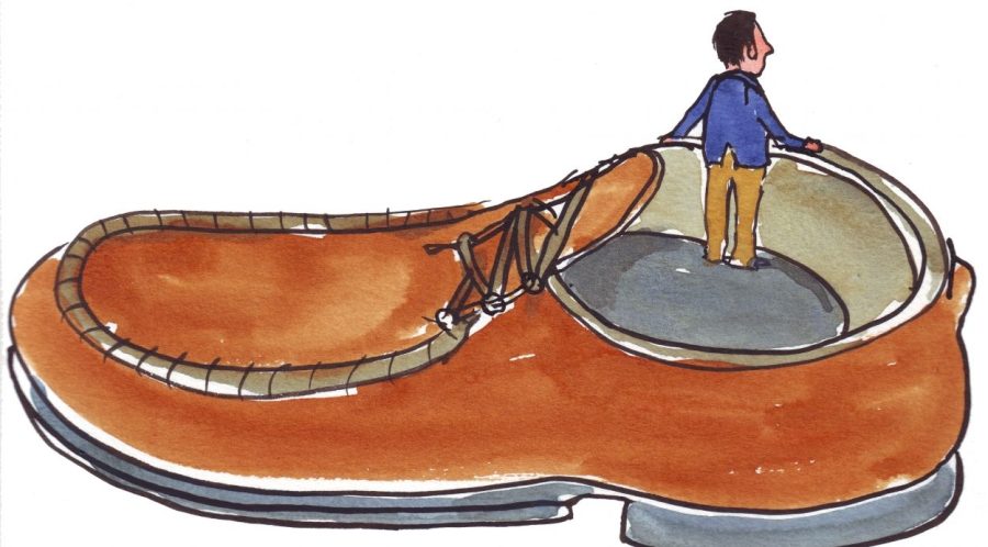 Man in a very big shoe illustration