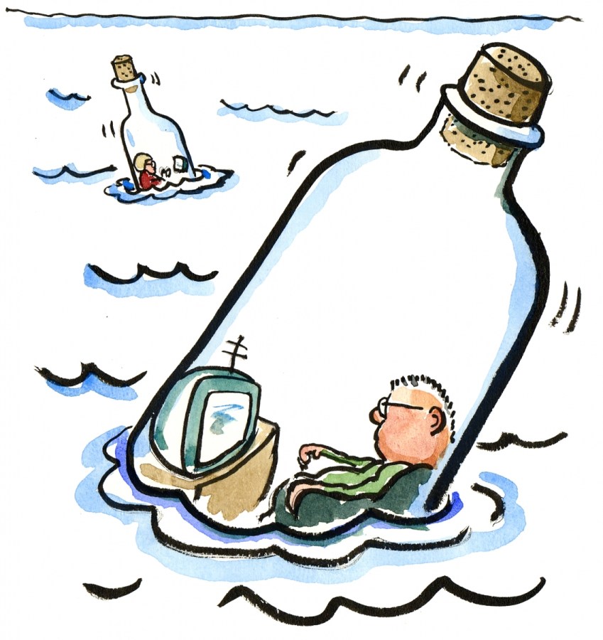 drawing of two people in bottles watcing tv