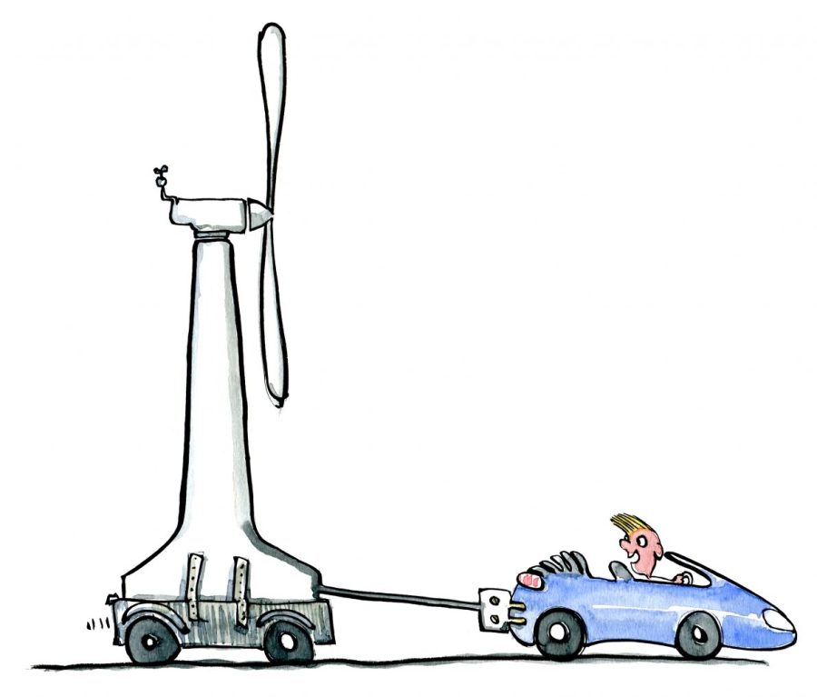 Drawing of a car dragging a wind mill