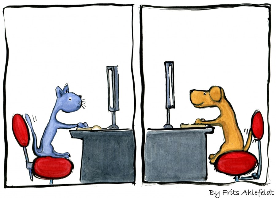 illustration of a cat and dog on computers