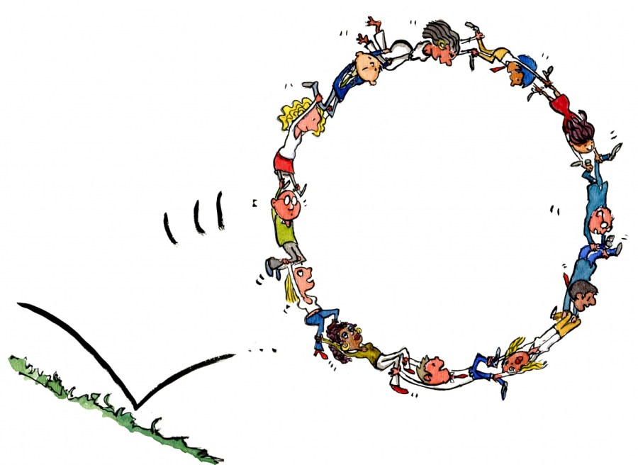 Drawing of a group of people making a wheel and rolling together