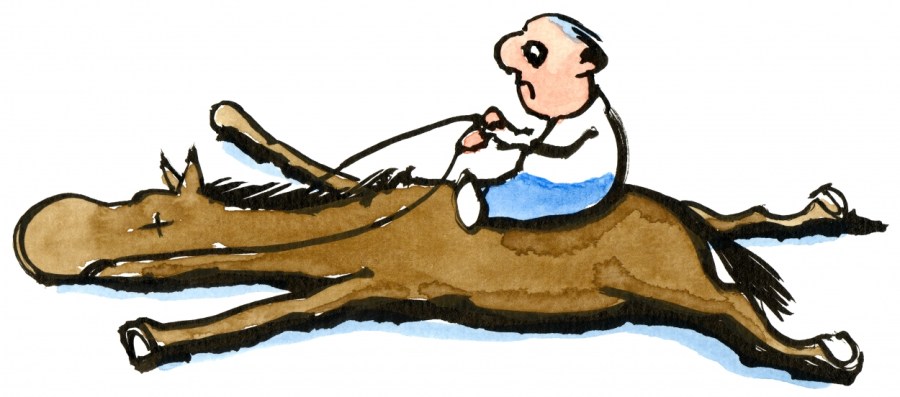 Man sitting on a dead horse illustration