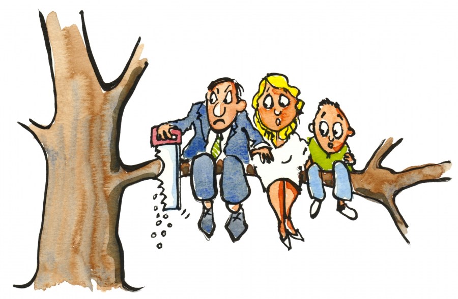 Illustration of a man saving of the branch he and his family is sitting on