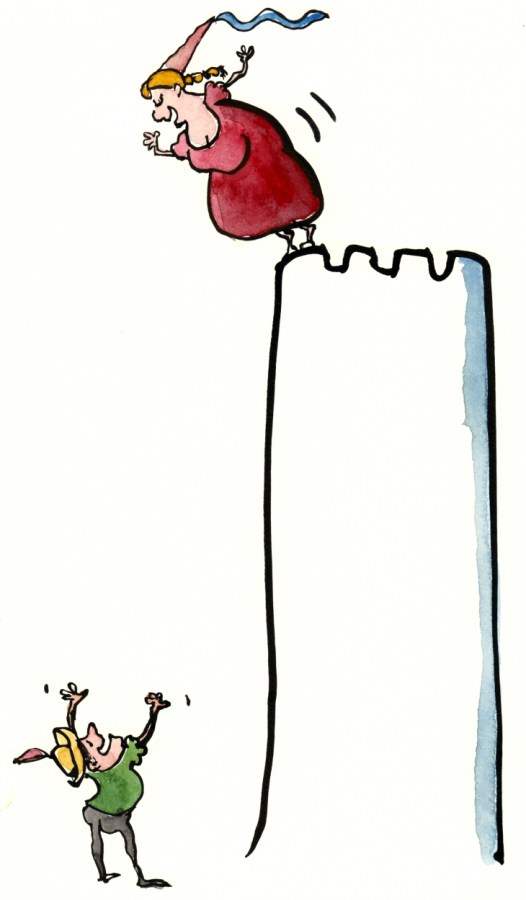 Princess ready to jump from the tower into the arms of her lover illustration