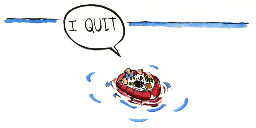 Drawing of a group of people on a raft on open sea, one of them wants to quit illustration