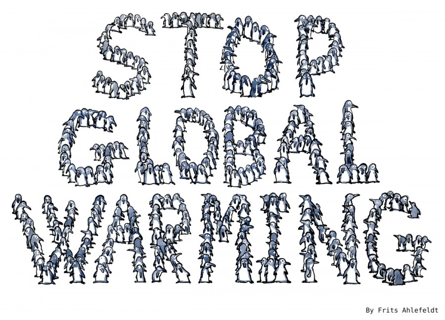 Drawings of pinguins spelling to stop global warming