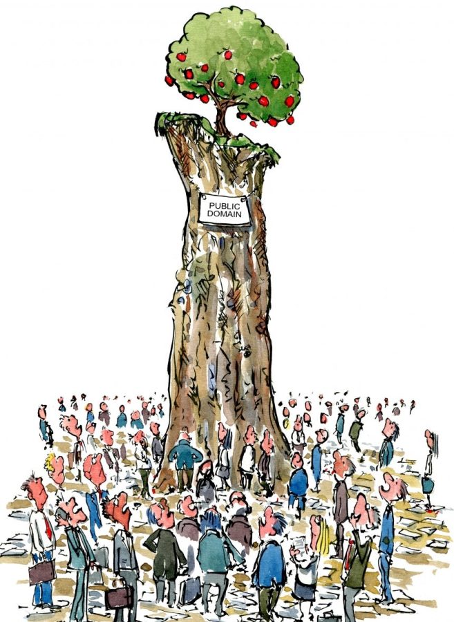 Drawing of businessmen gathering around the last public domain tree