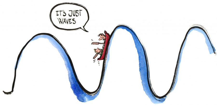 Two persons in a tiny boat among big waves, one saying it is only waves illustration