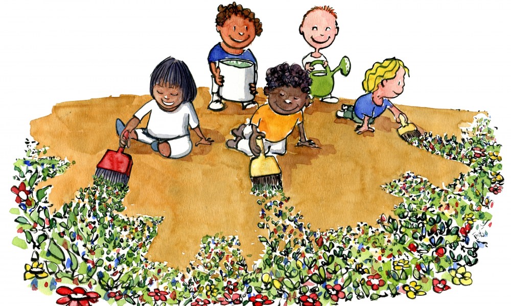 illustration of kids painting flowers on earth