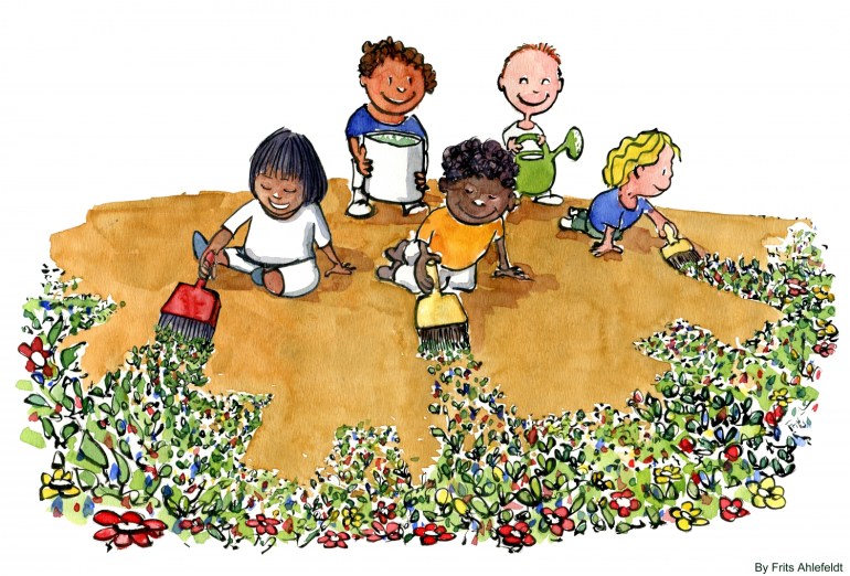 illustration of kids painting flowers on earth