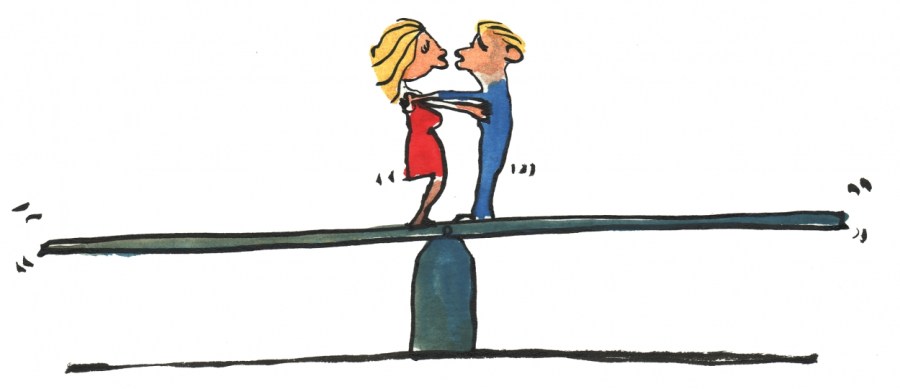 Two people meeting in the middle of a conflict, kissing