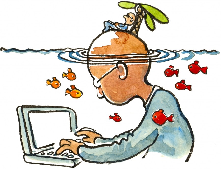 Drawing of a man in front of a laptop, with a little man on an island on his head