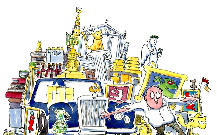 Drawing of a man with a lot of stuff, afraid of loosing it