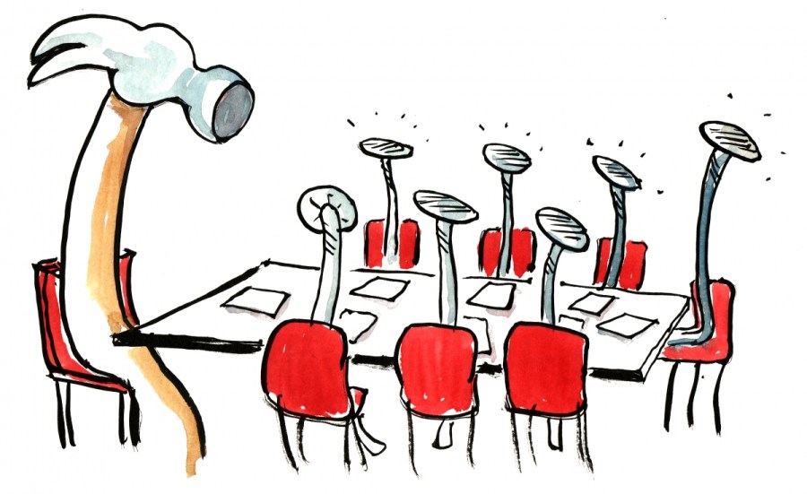Drawing of a hammer leading a meeting of nails