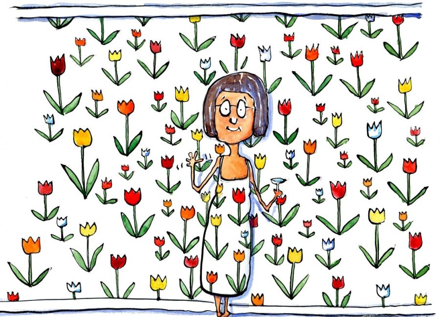 illustration of a Woman dressed up exactly like the wall