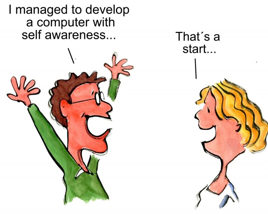 man and woman talking computers illustration