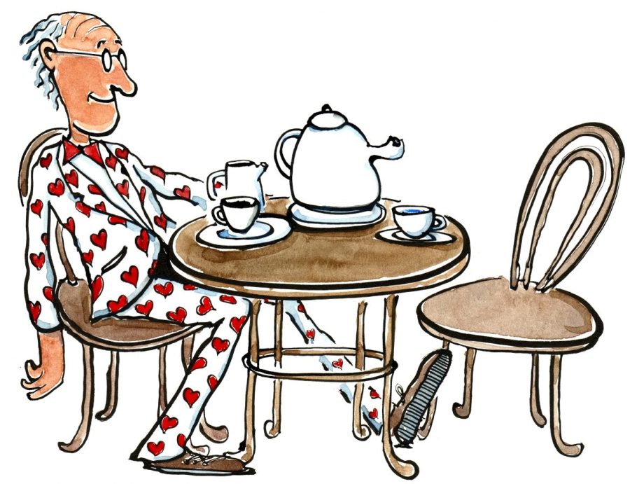 Old man, in love, sitting drinking tea