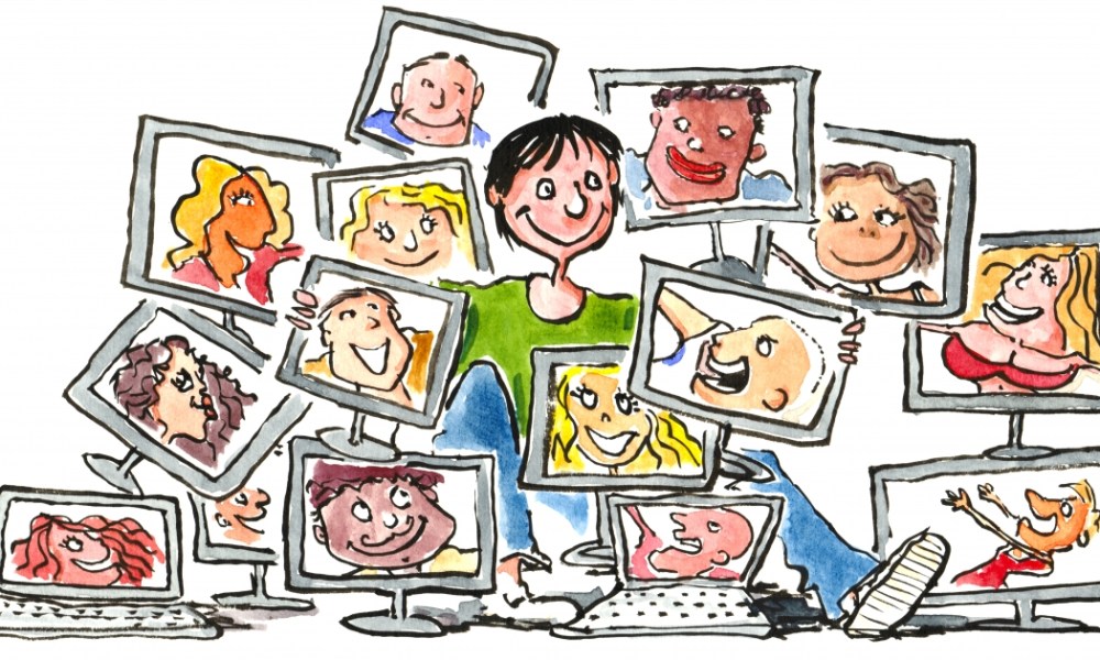 drawing of a woman with all her relations on computer screens