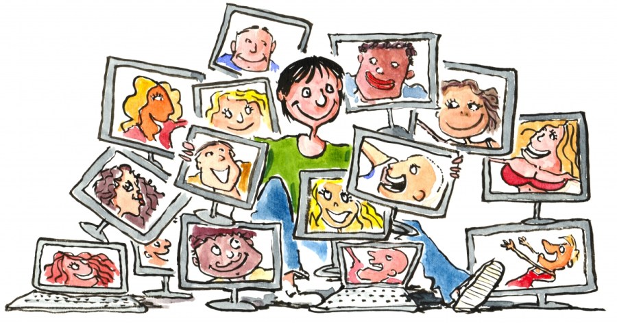 drawing of a woman with all her relations on computer screens