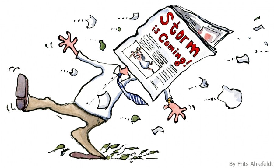 illustration of a man in wind, being hit a newspaper with the text Storm is coming