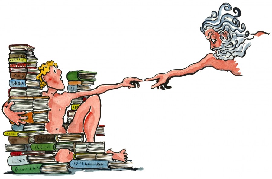 Drawing of the divine and a man sitting along a lot of books - touching fingers - inspired by Michelangelo painting