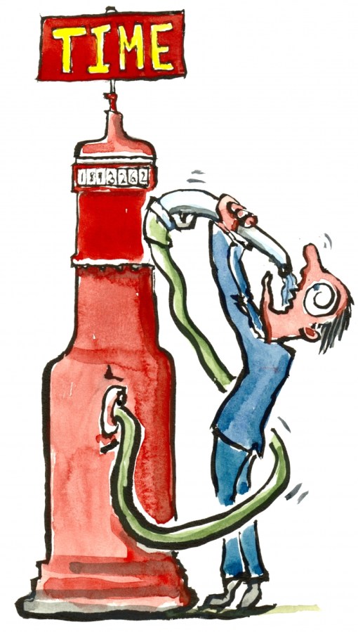 Drawing of a man drinking time from a tank