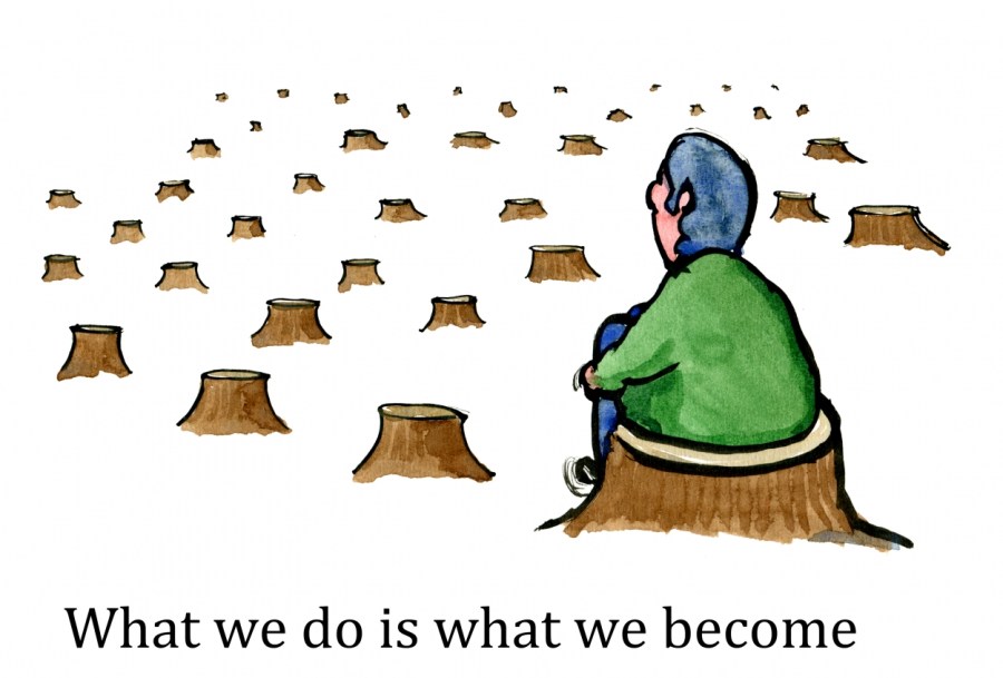 illustration of a person sitting on a tree stump