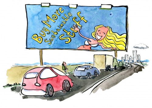 drawing of poster girl trying to make people buy more...