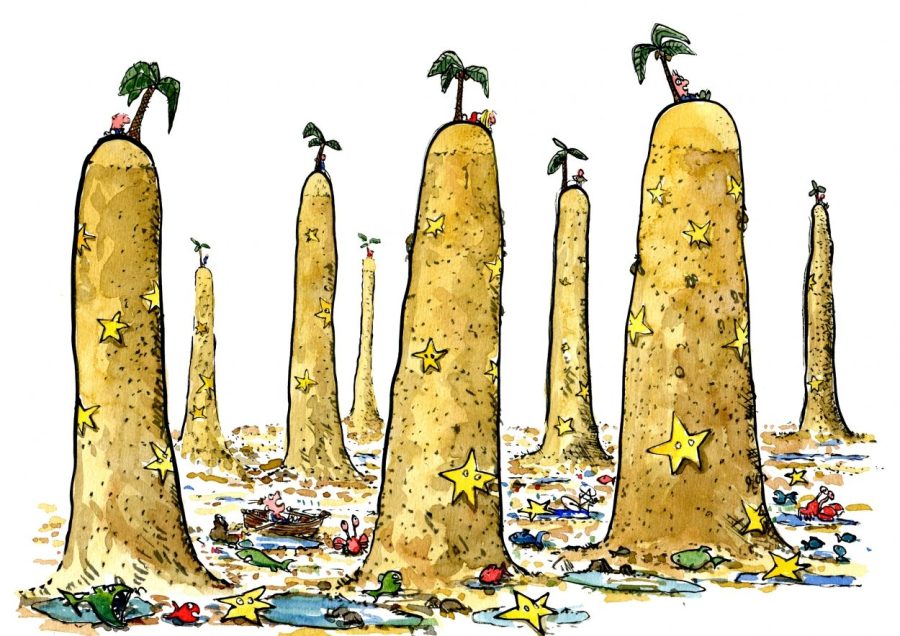 Drawing of small people on a lot of small islands