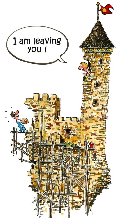 Drawing of a man building a house while his wife leave him