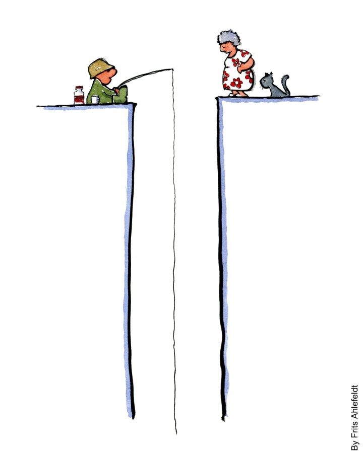 Old man fishing while old woman watching