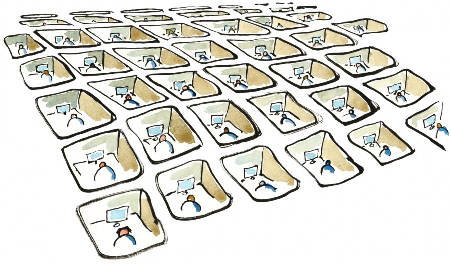 Drawing of a lot of small people working in cubes