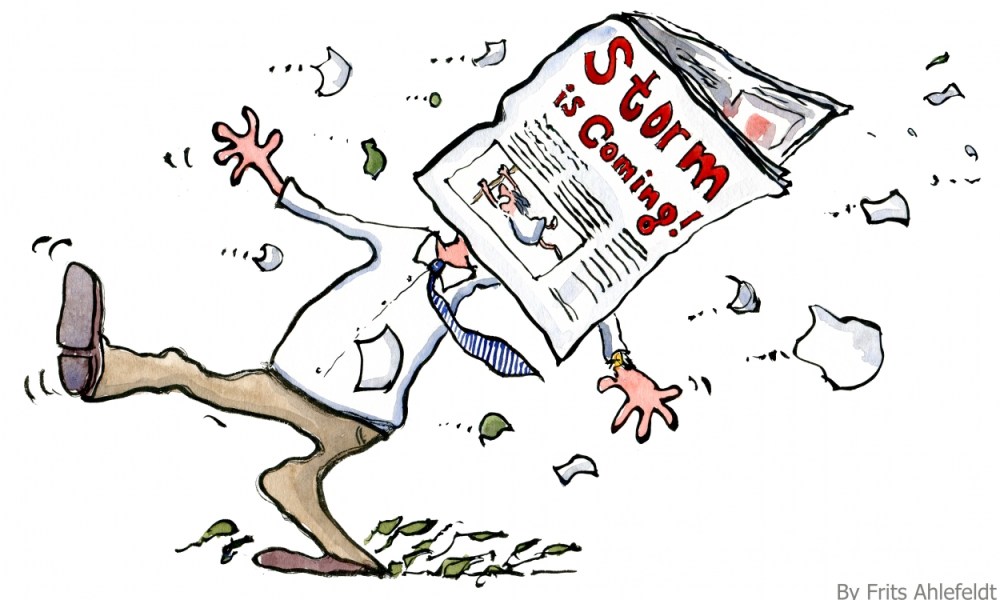 man getting hit by a newspaper, in a storm