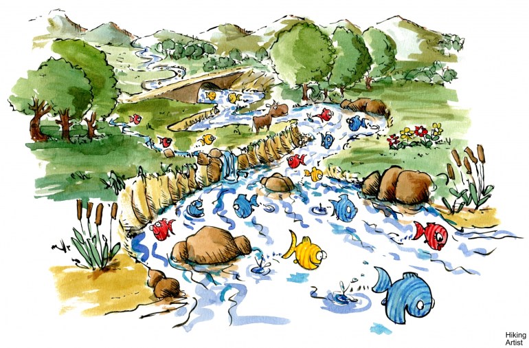 Drawing of fishes swimming happily in a river