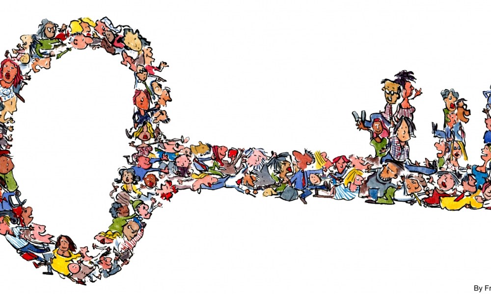 illustration of a lot of people making up a key