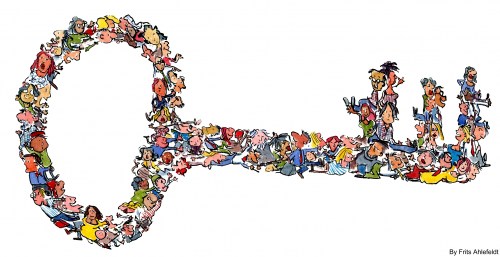illustration of a lot of people making up a key