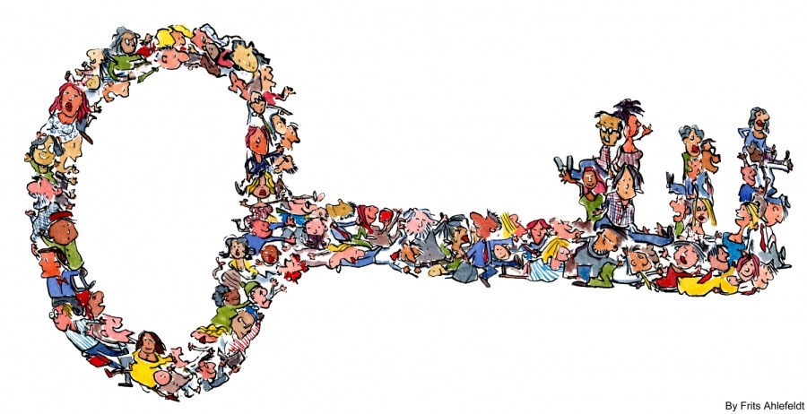 illustration of a lot of people making up a key