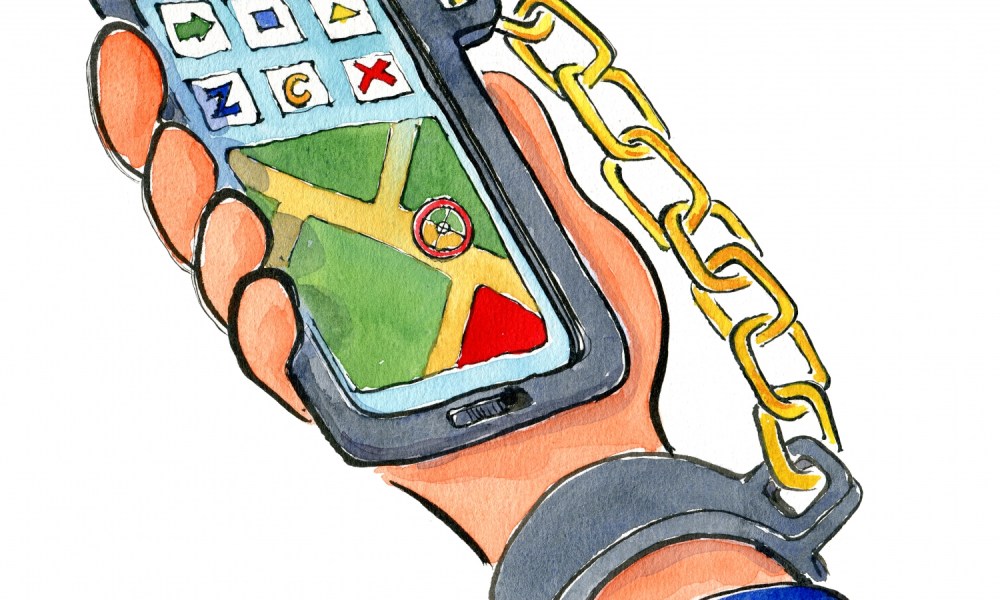 Drawing of a hand chained to a cell phone