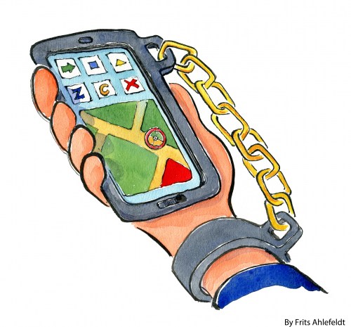 Drawing of a hand chained to a cell phone
